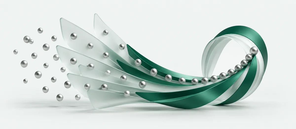 Abstract emerald ribbons bringing scattered silver elements into a clear flow