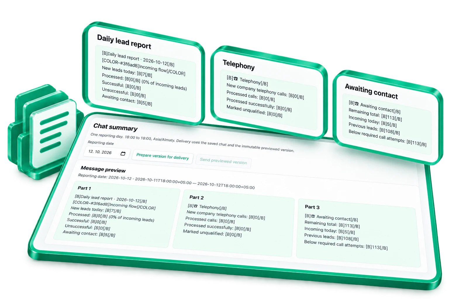 Chat summary illustration with lifted excerpts from the same lead report preview