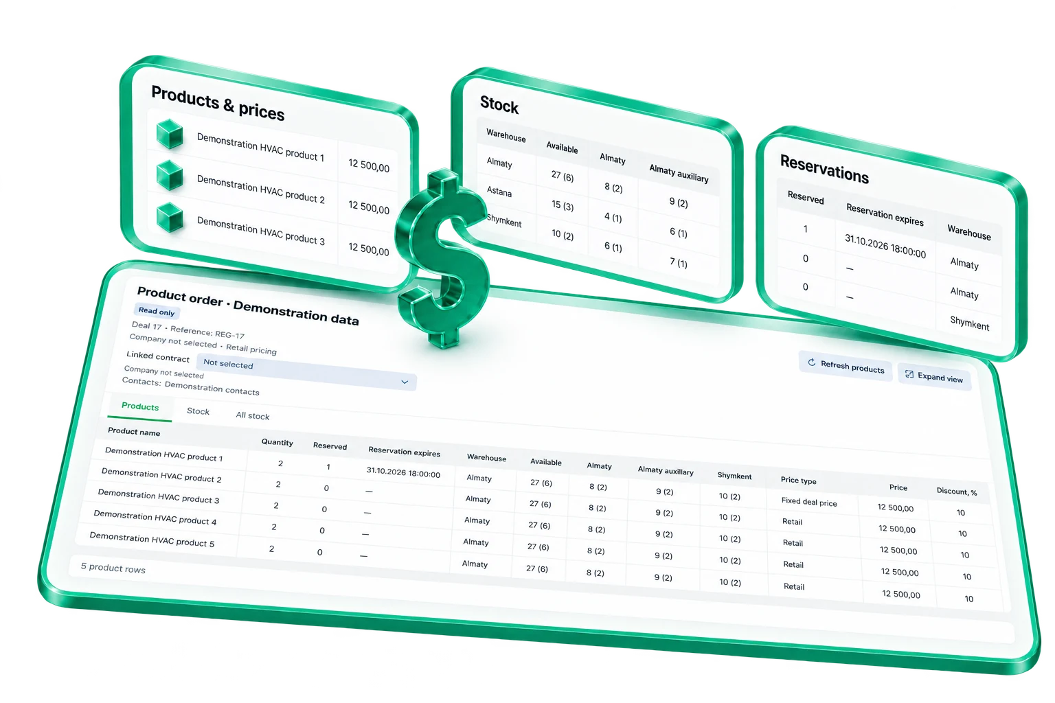 Sales workspace illustration: products, prices, stock and reservations lifted above a screen