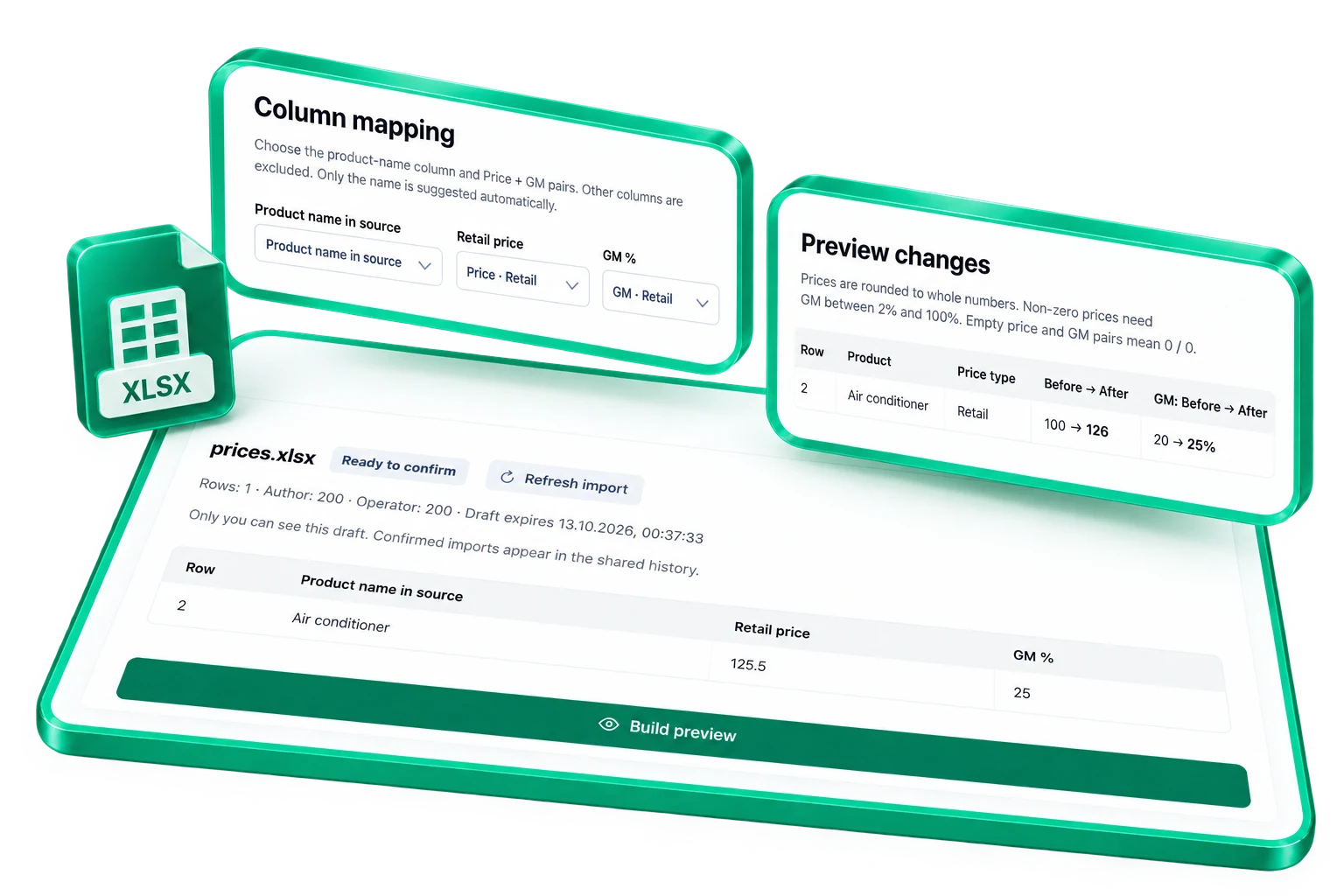 Supply import illustration: column mapping and price-change preview lifted above the workspace
