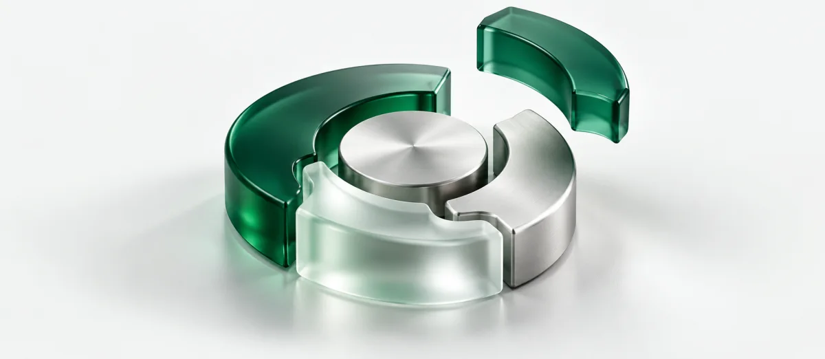 Abstract emerald, frosted and silver parts assembling around a shared centre