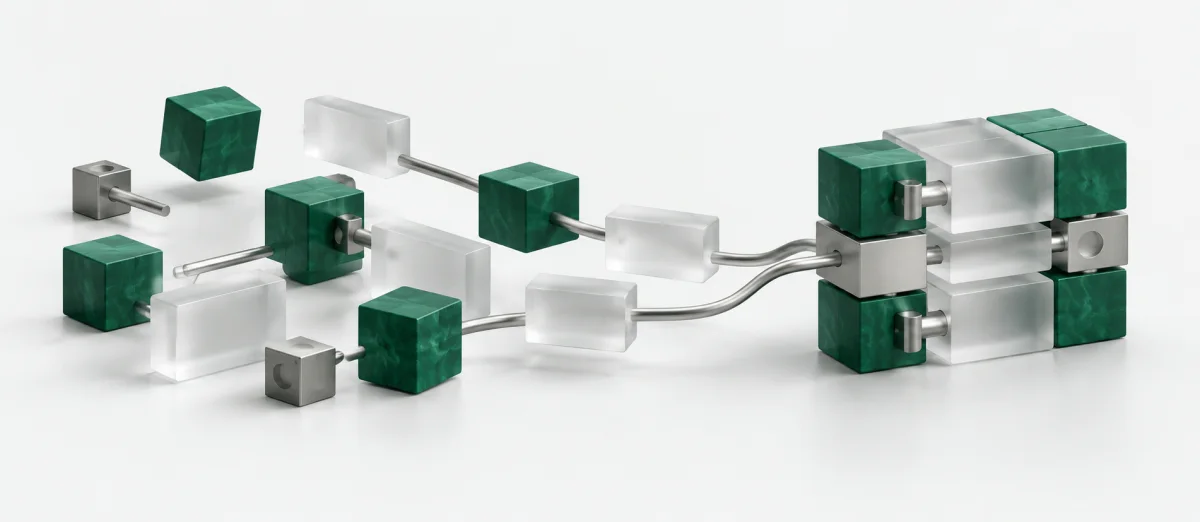 Abstract emerald and frosted modules connecting into an organized supply structure