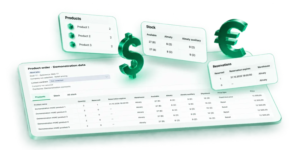 A MegaApp-inspired workspace screen in perspective, with lifted interface elements and 3D dollar and euro symbols